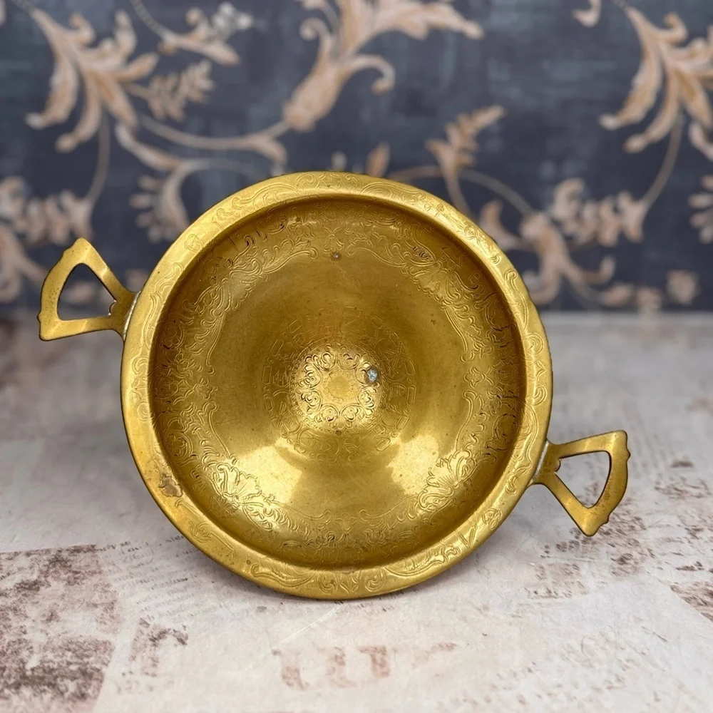 Antique Style Brass Pedestal Bowl w Handles Etched Footed Dish